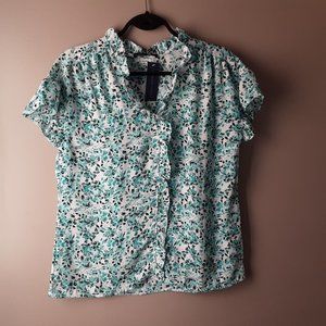 Adrienne Vittadini Short Sleeve Floral Blouse | White Turquoise Black | New! S/M